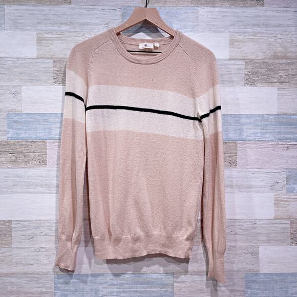 AG Adriano Goldschmied 100% Cashmere Sweater Beige Stripe Crewneck Womens Small - Picture 1 of 7